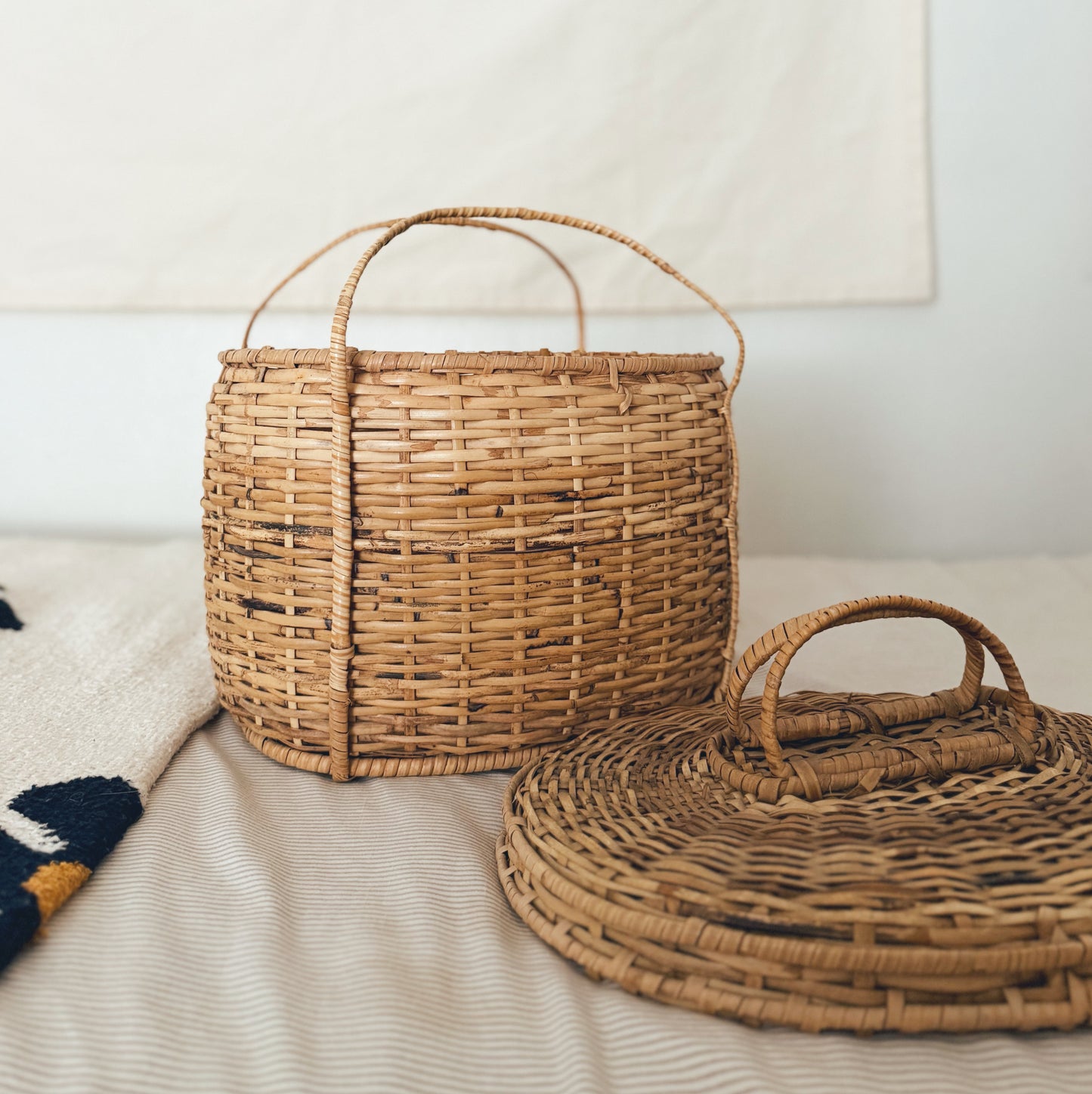 Vintage Rattan Basket With Lid and Handles