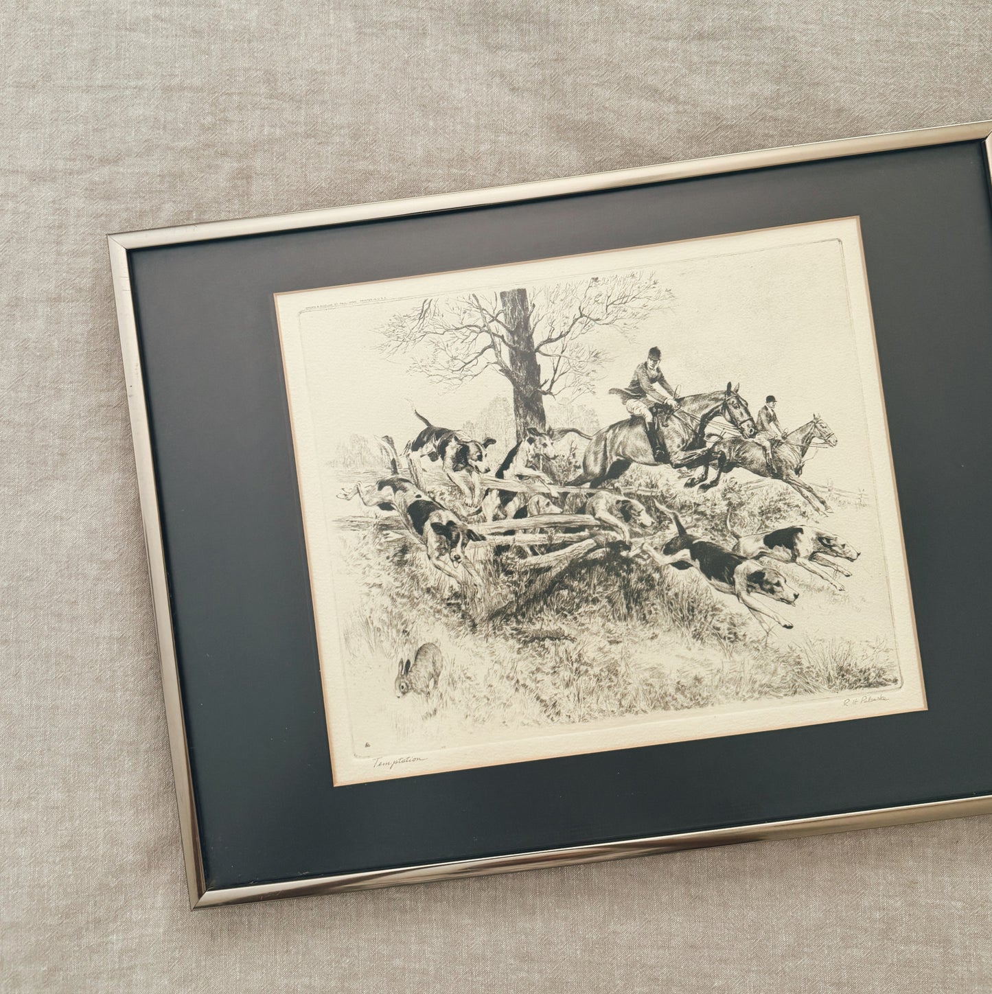 1940s Etching Fox Hunt Print