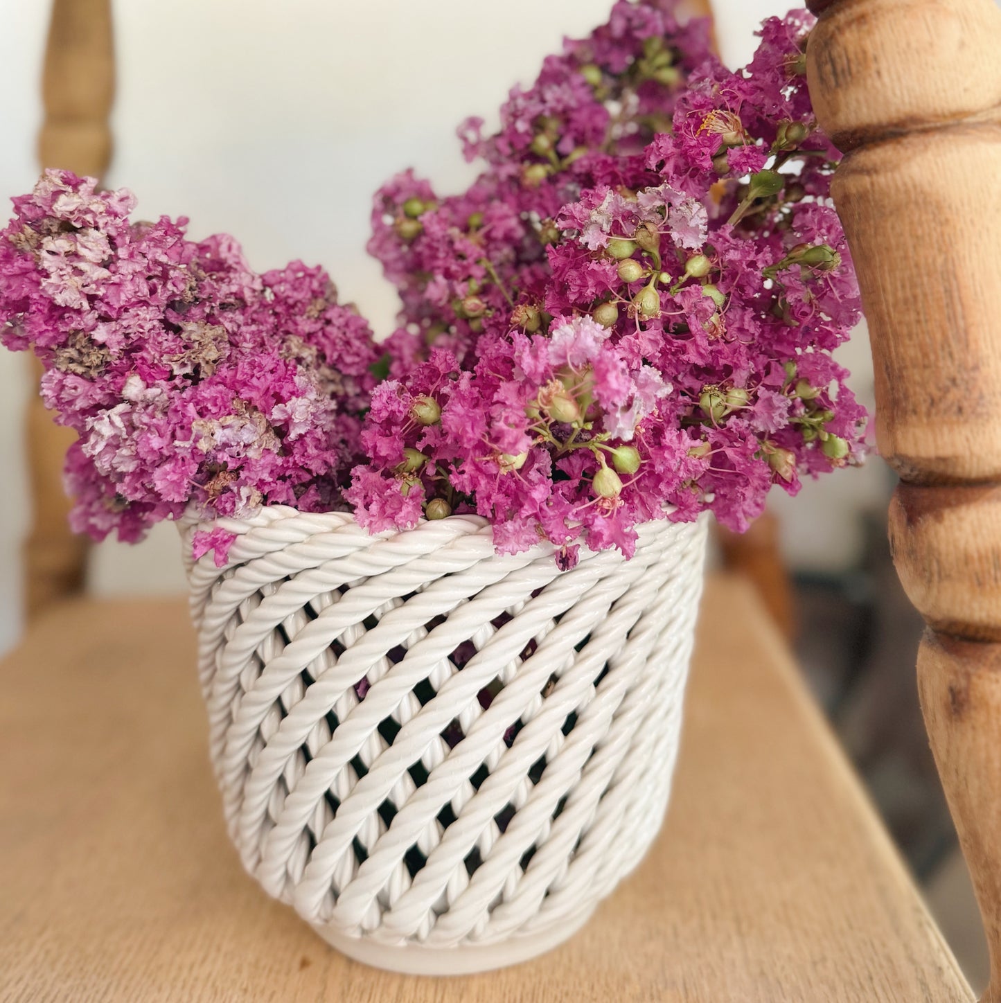 Vintage White Woven Ceramic Basket