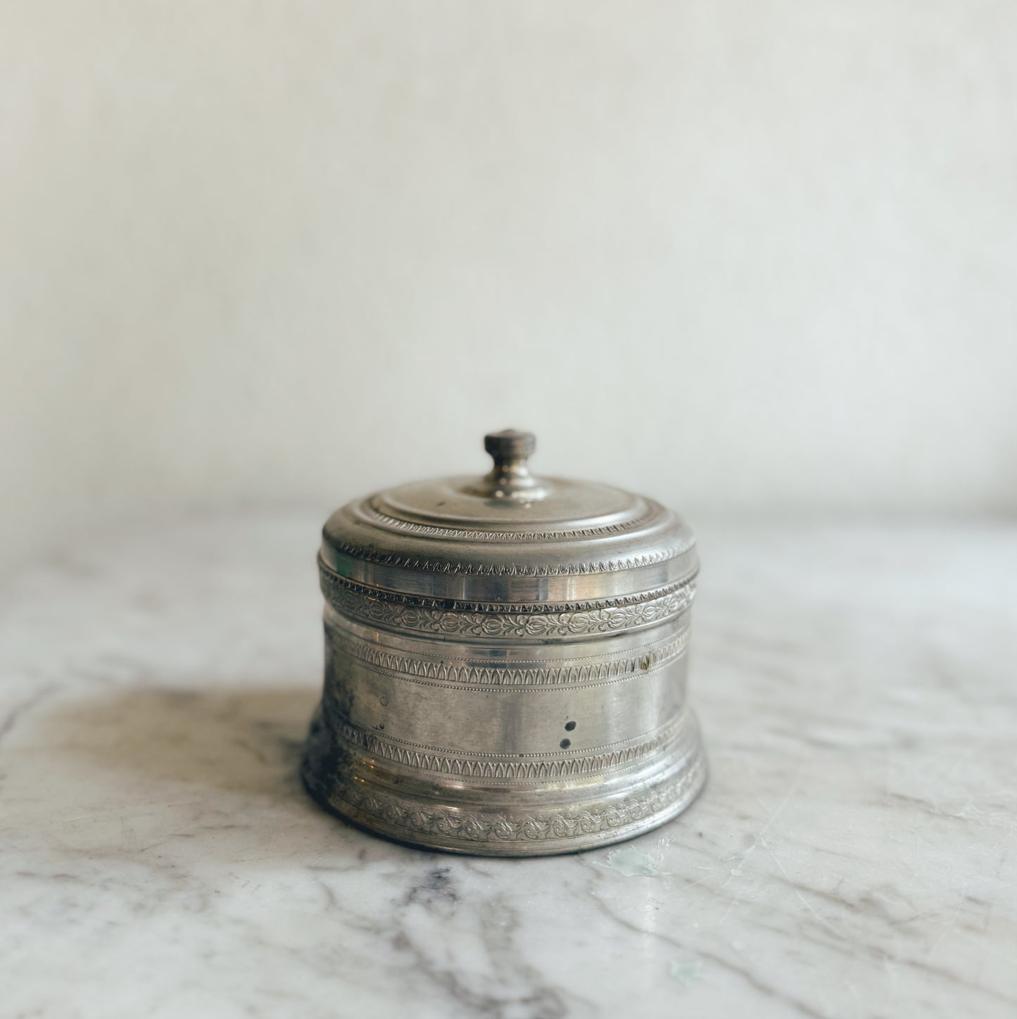 Italian Pewter Round Engraved Lidded Box