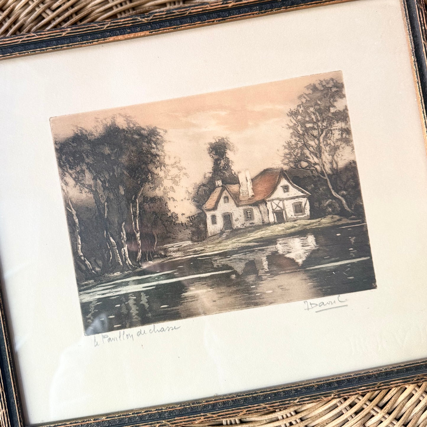 French Landscape Hand Colored Etching