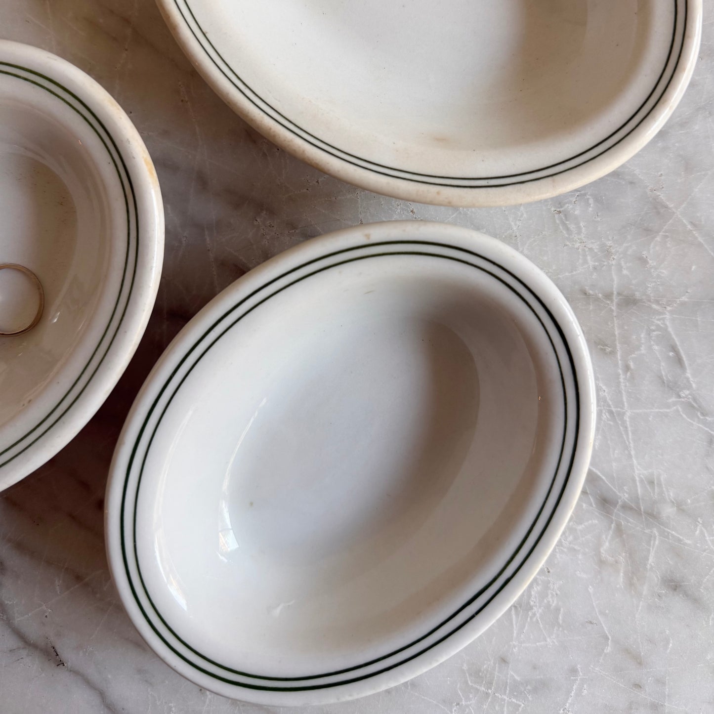 Set of 3 Small Antique Dishes Lined With a Dark Green