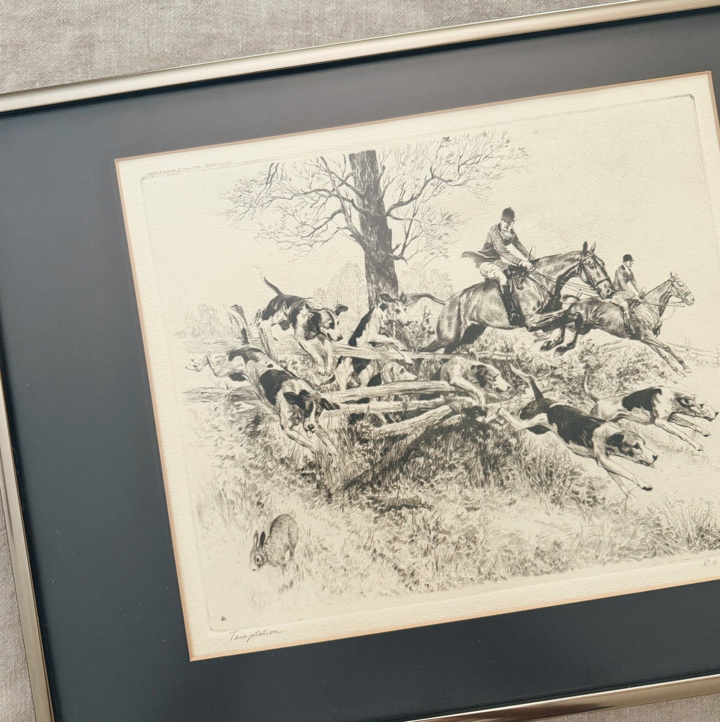 1940s Etching Fox Hunt Print