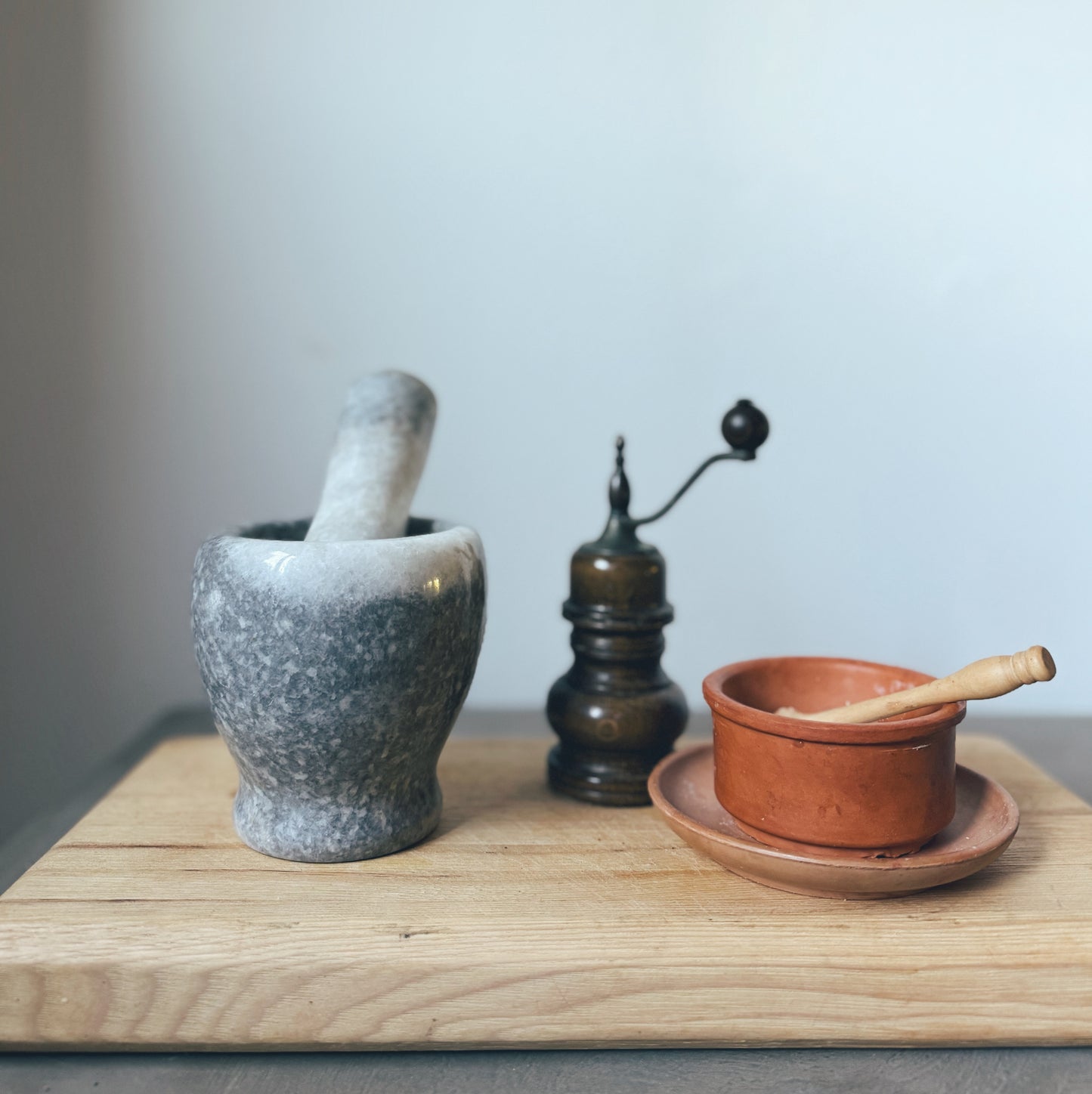 Vintage Gray and White Marble Mortar and Pestle