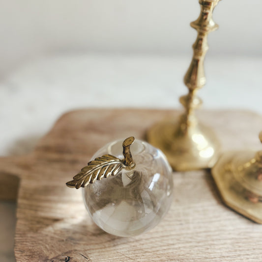 Glass Apple Paperweight With Brass Stem and Leaf