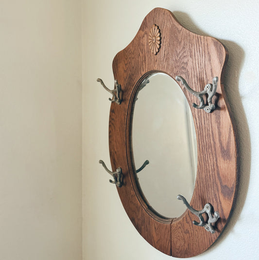 Antique Oak Hall Tree Mirror and Hooks (Local purchase only)