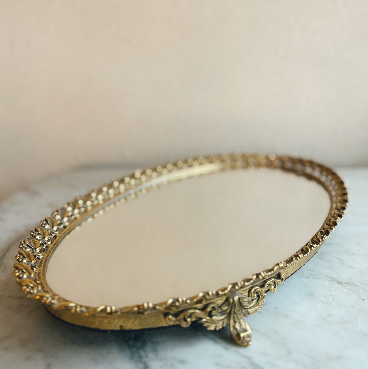Long Vintage Gilt Oval Mirror Tray