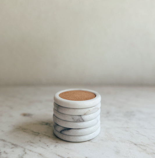 Set of Six Vintage Marble and Cork Coasters