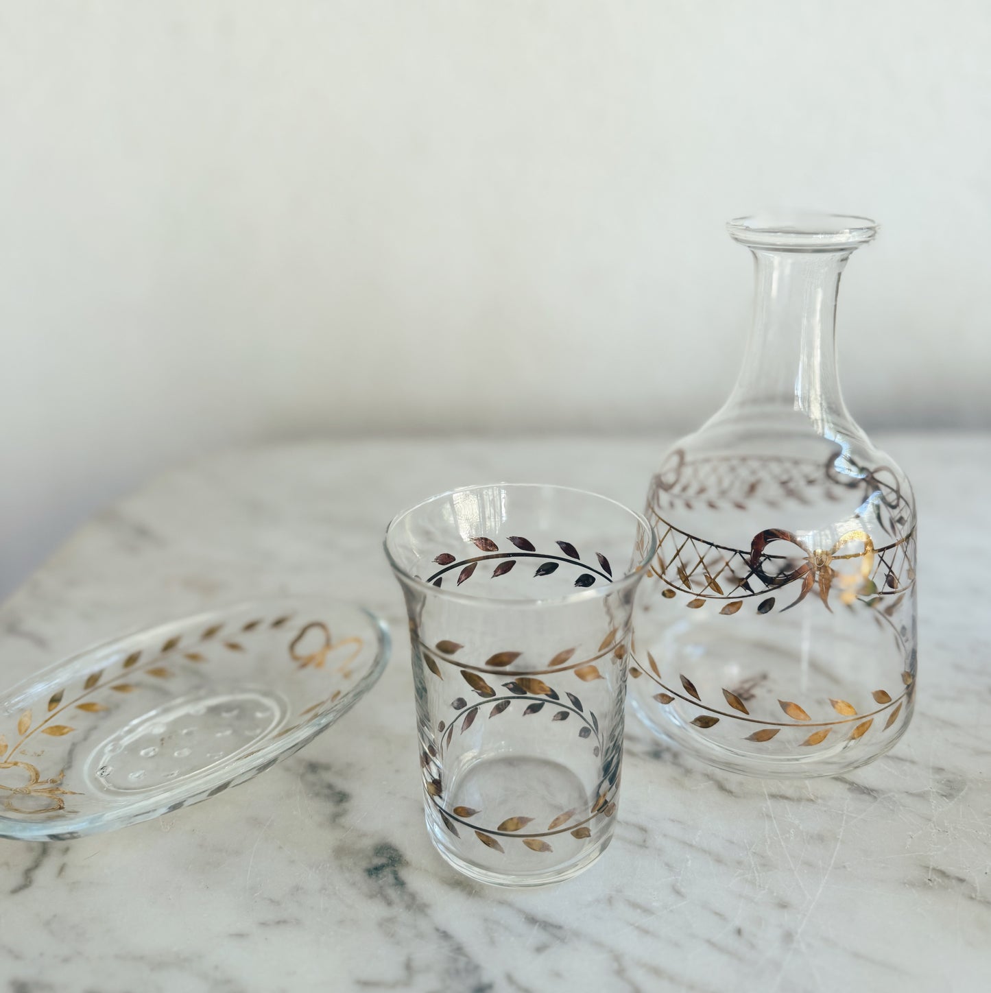 Hand Painted Gold Bow Decanter, Cup and Soap Dish