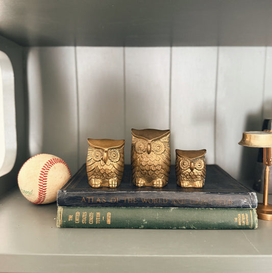 Set of Three Vintage Brass Owls