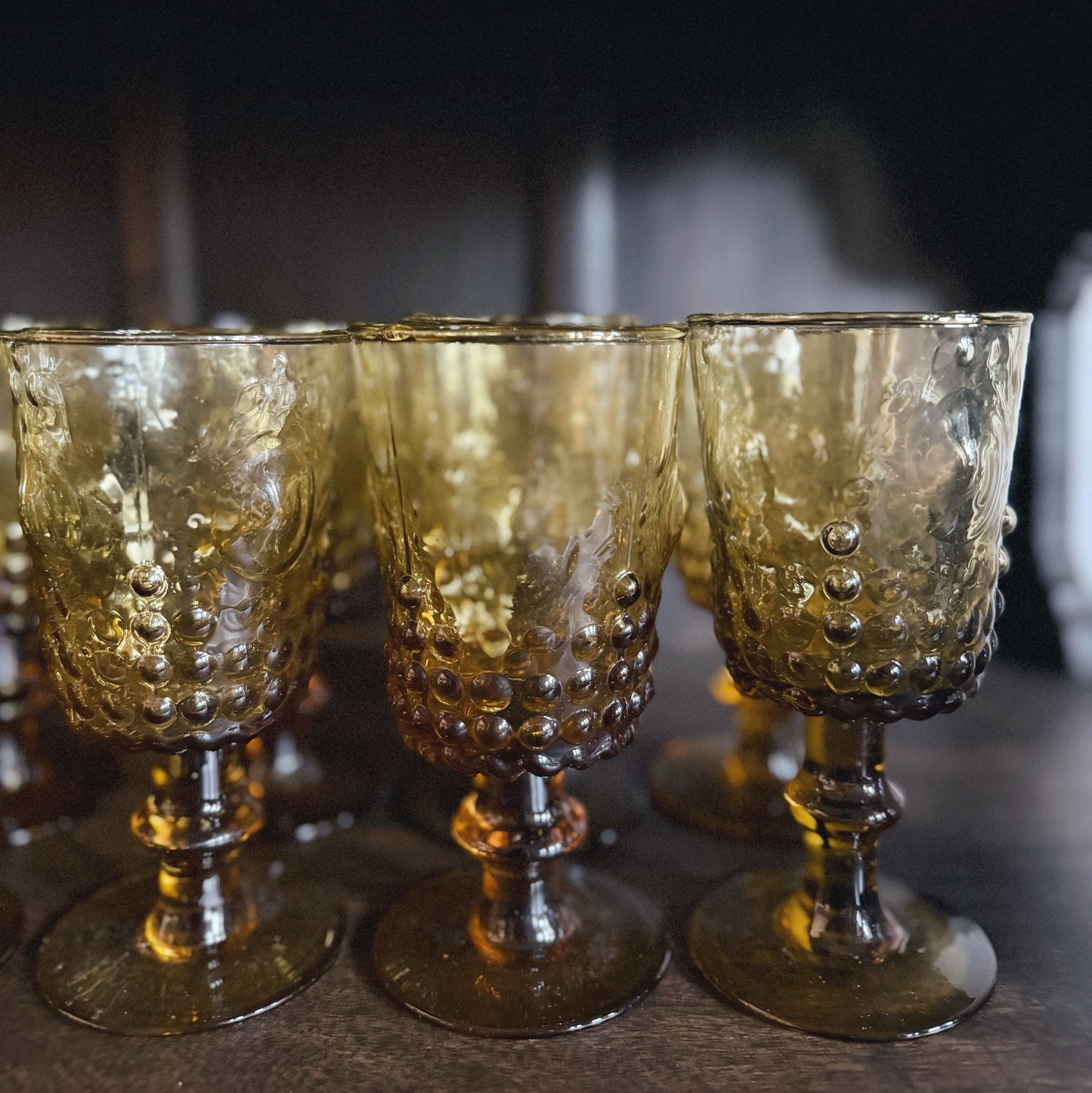 Set of 9 Amber Hobnail Thumbprint Goblets