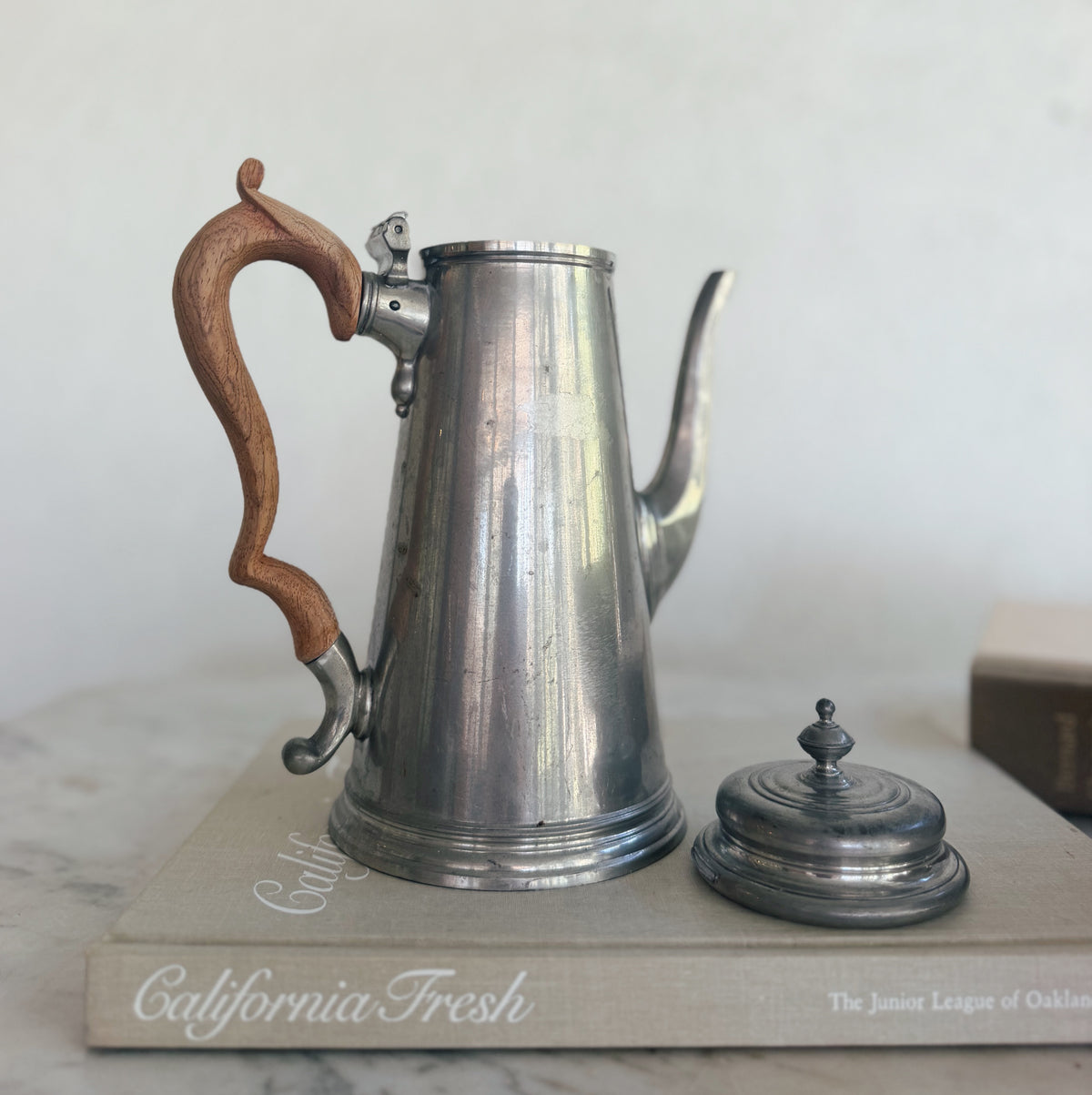Tall Thin Pewter and Wooden Pitcher (see details please)