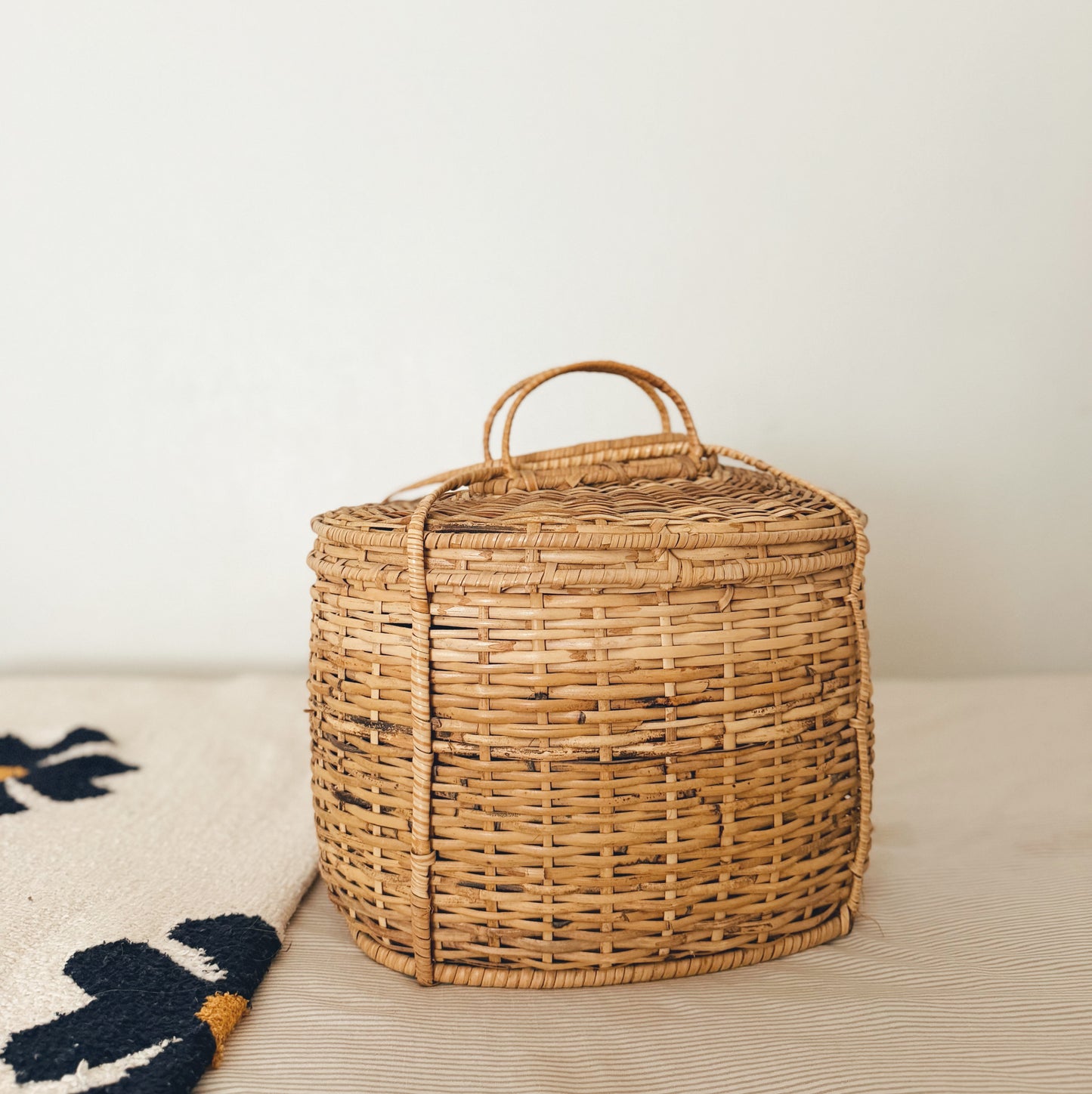 Vintage Rattan Basket With Lid and Handles