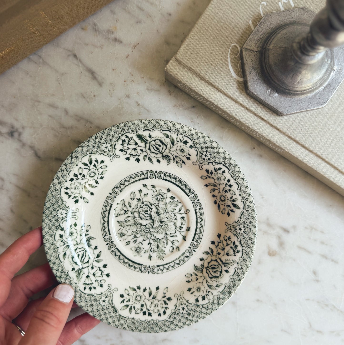 Pair of Small Vintage English Green and Cream Plates