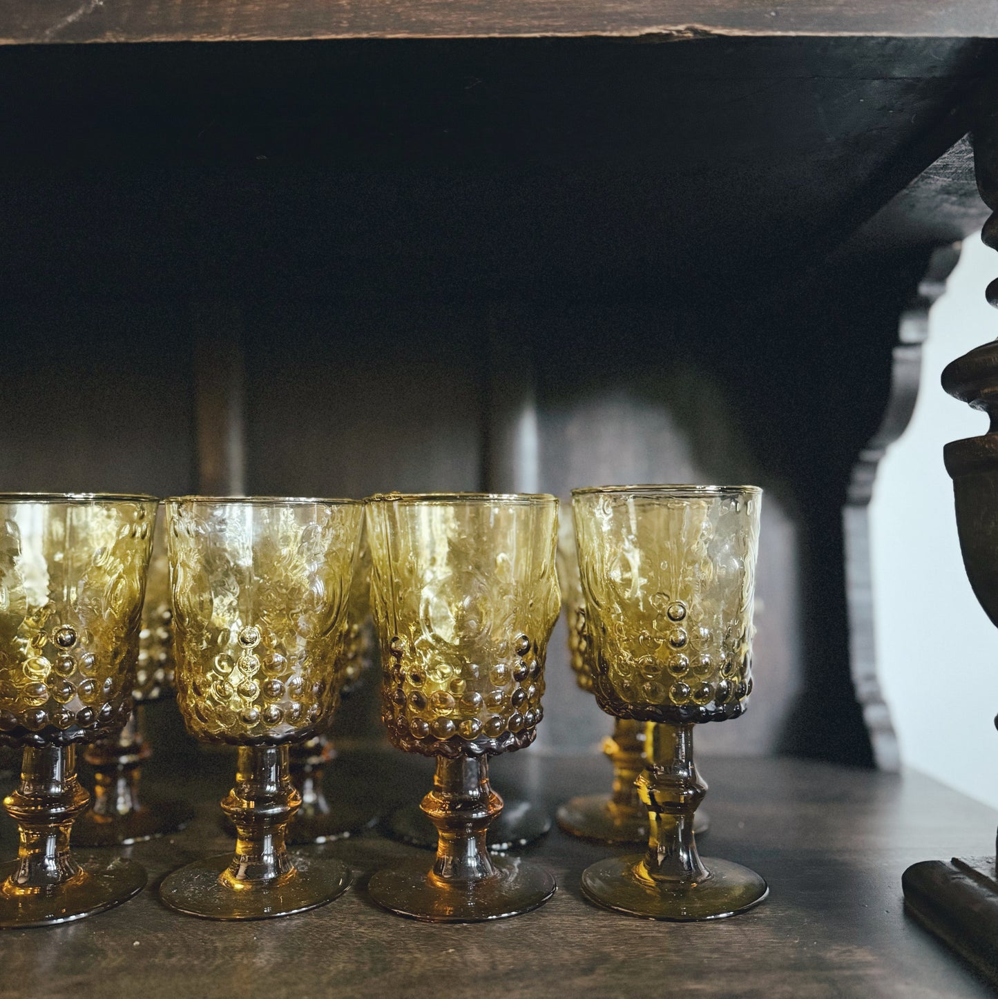 Set of 9 Amber Hobnail Thumbprint Goblets