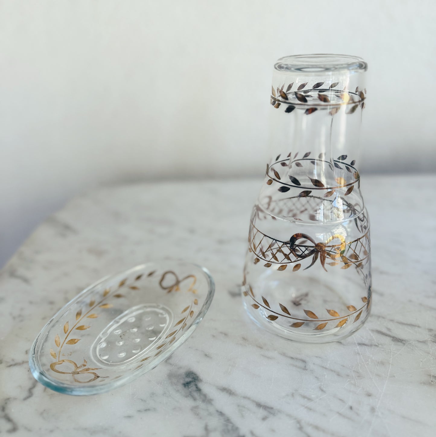 Hand Painted Gold Bow Decanter, Cup and Soap Dish