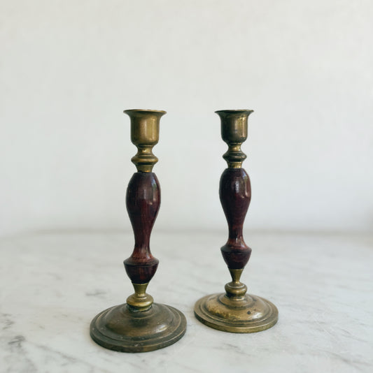 Pair of Vintage Wood and Brass Candleholders