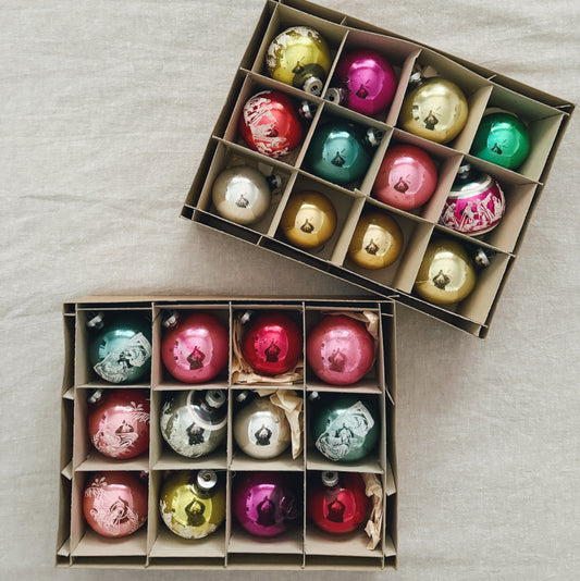 Set of 24 Antique Plain and Nativity Ball Ornaments