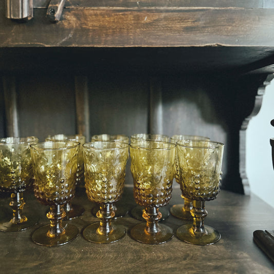 Set of 9 Amber Hobnail Thumbprint Goblets