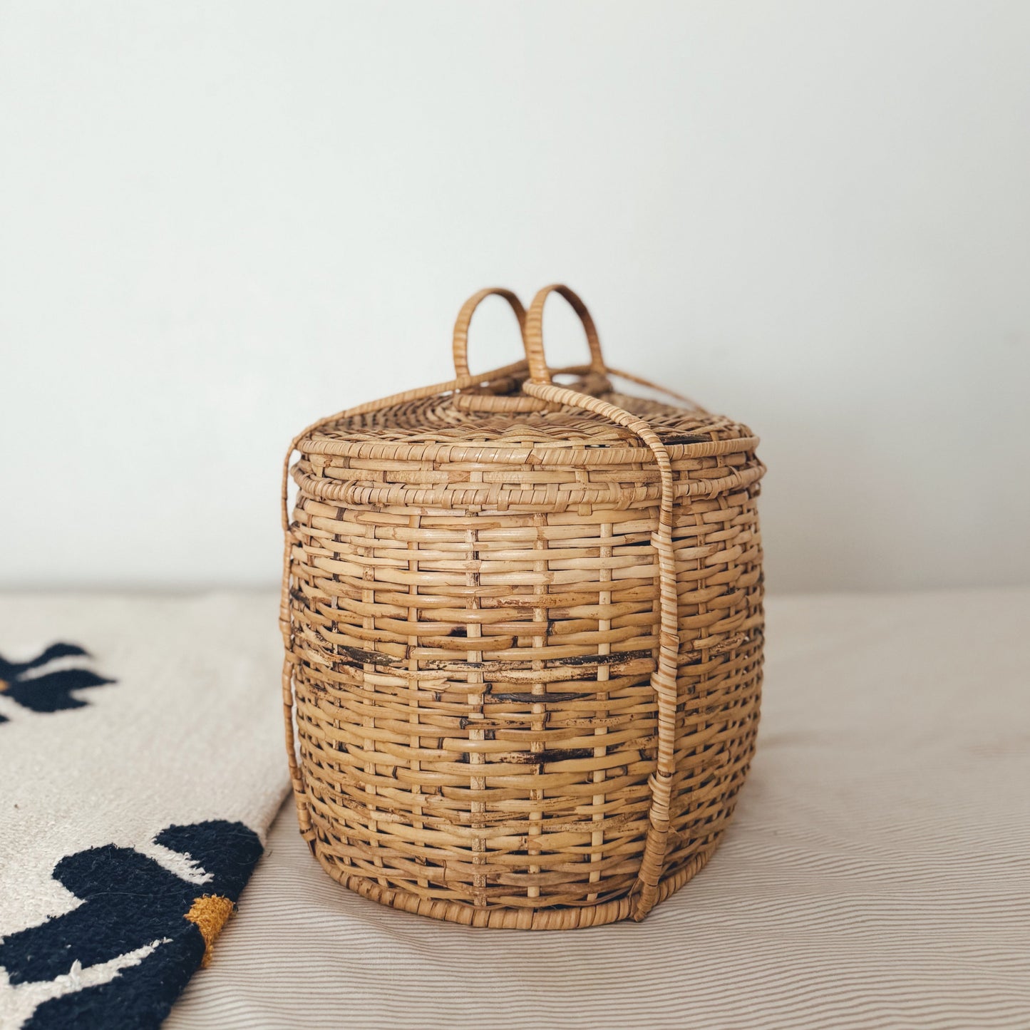 Vintage Rattan Basket With Lid and Handles
