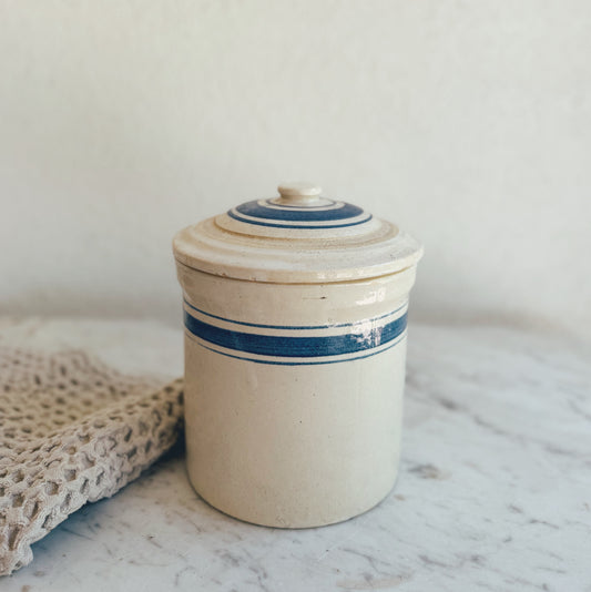 Vintage Lidded Blue Striped Crock