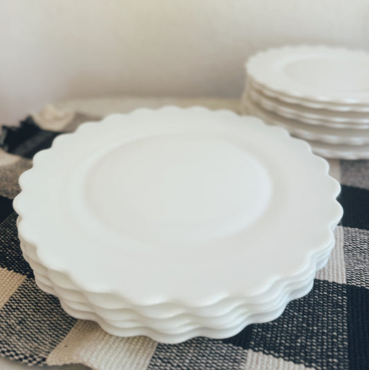 Set of 5 Scalloped Milk Glass Dinner Size Plates (local purchase only)
