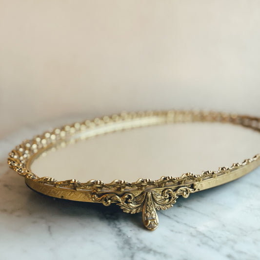 Long Vintage Gilt Oval Mirror Tray