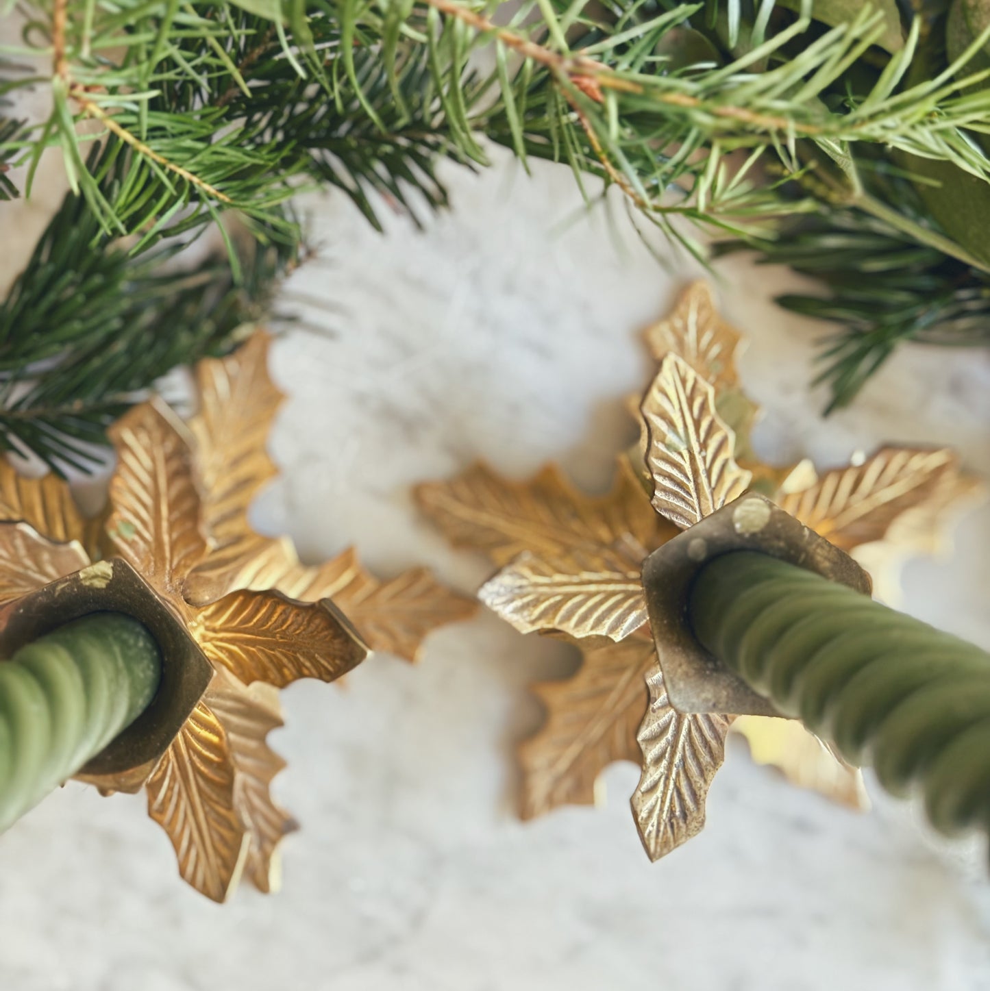 Pair of Brass Holly Candle Holders