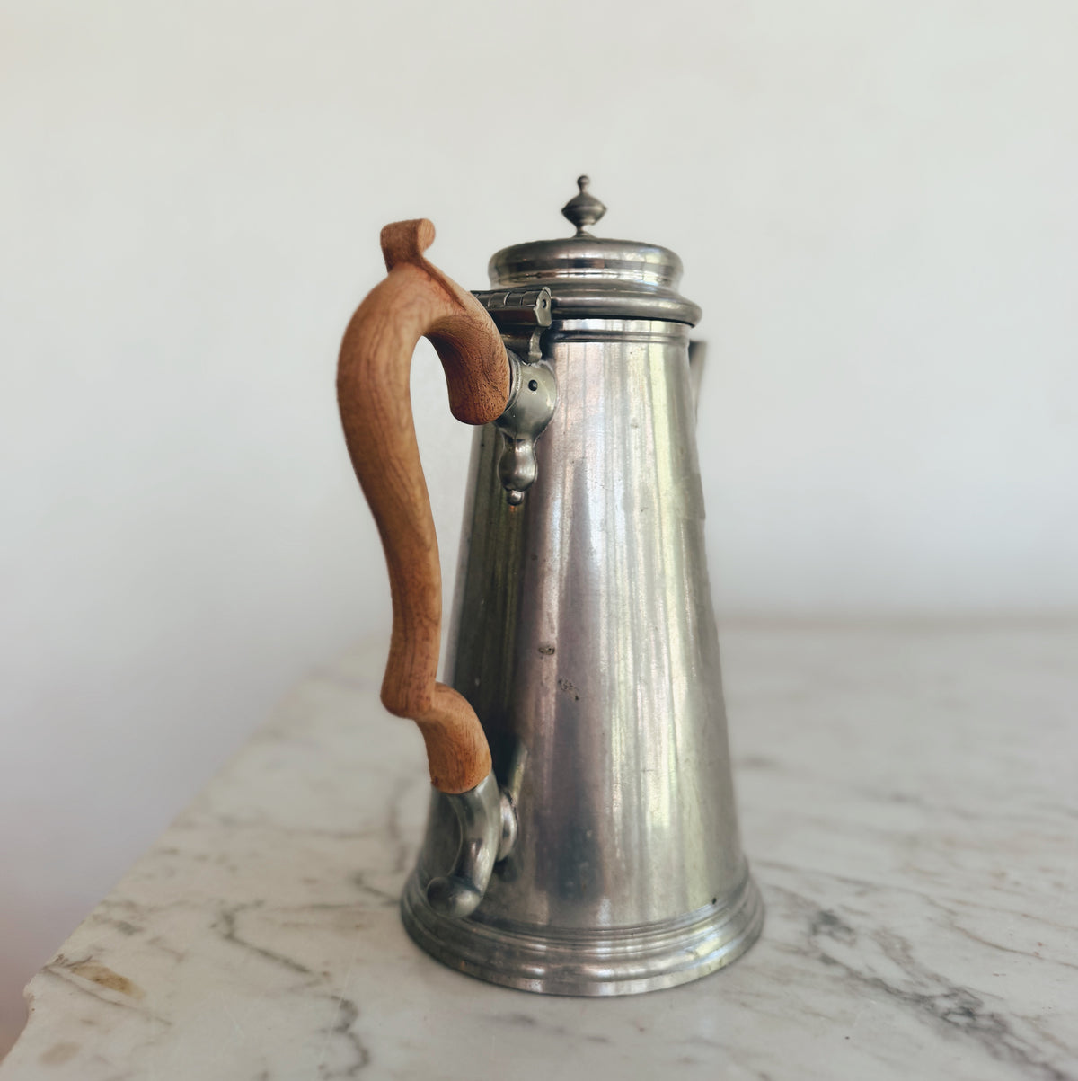 Tall Thin Pewter and Wooden Pitcher (see details please)