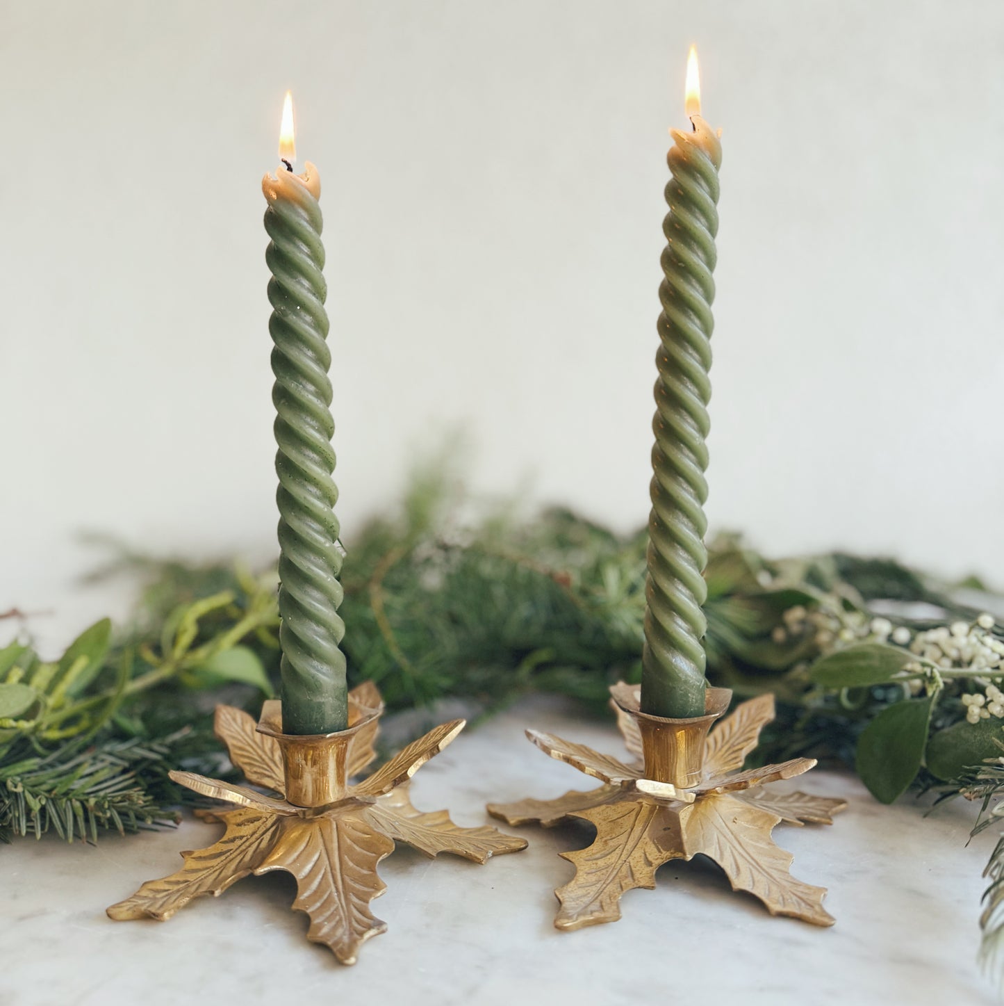 Pair of Brass Holly Candle Holders