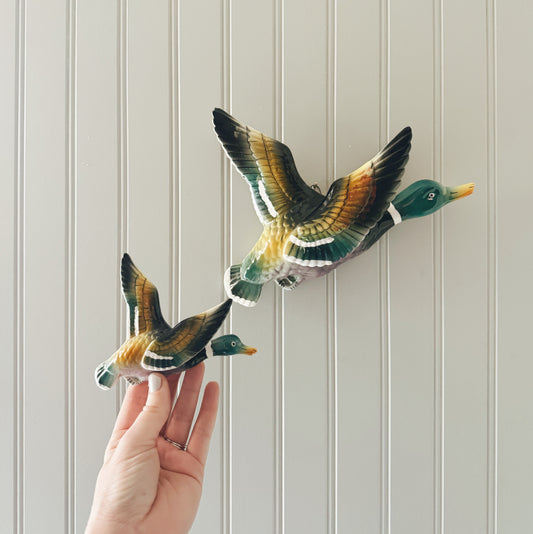 Pair of Vintage Ceramic Wall Flying Mallard Ducks