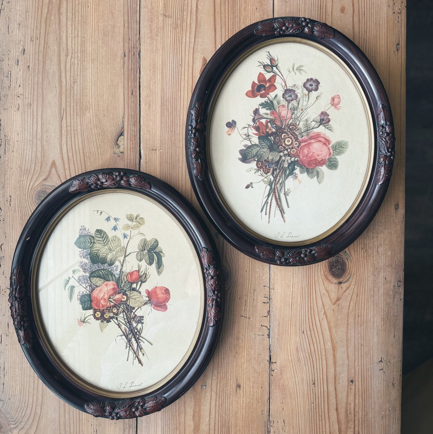 Pair of Oval Antique Botanical Floral Prints