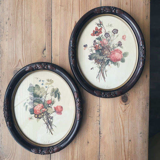 Pair of Oval Antique Botanical Floral Prints