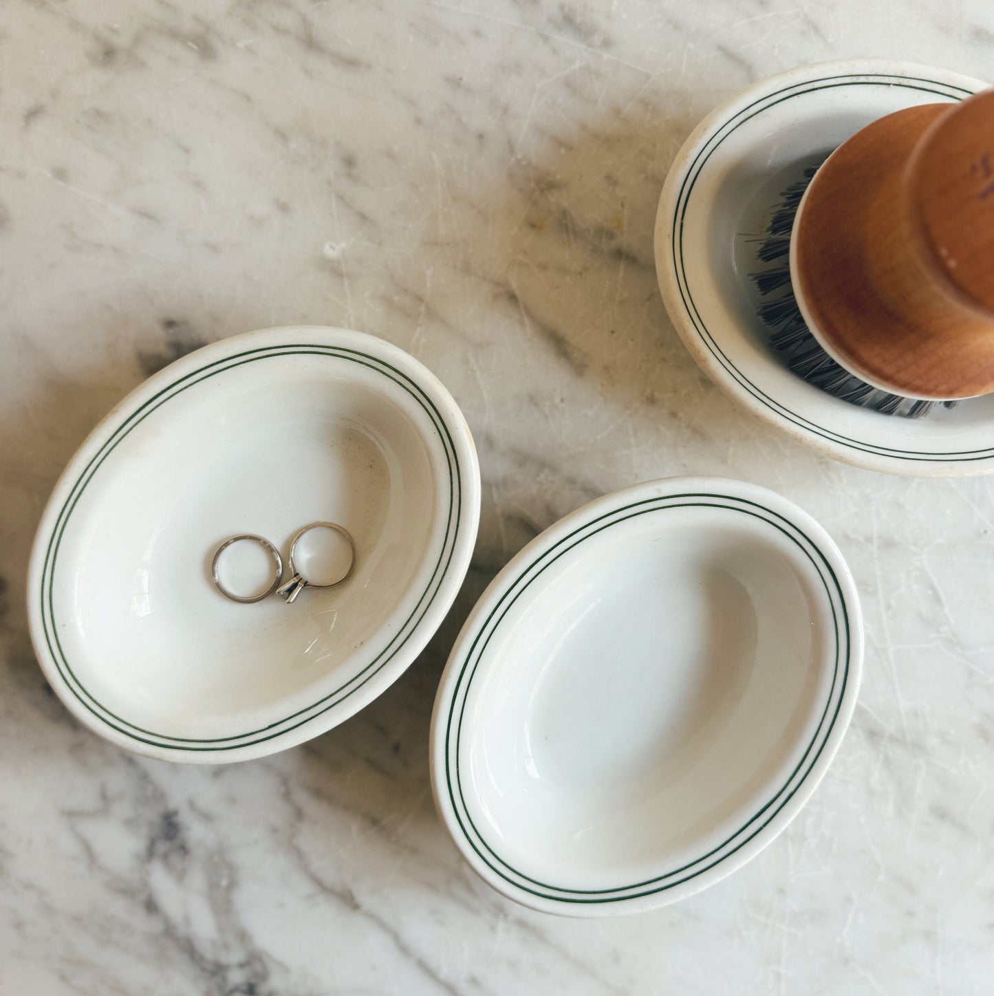 Set of 3 Small Antique Dishes Lined With a Dark Green