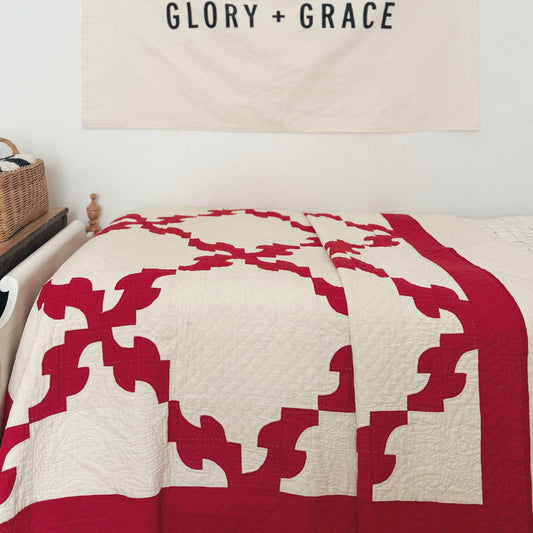 Handmade Antique Red and Cream Quilt In Amazing Condition
